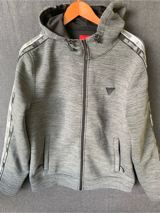 Guess Other - Guess Gray Hooded Zip-Up Sweatshirt Jacket Branded Sleeve Tape Adult Medium